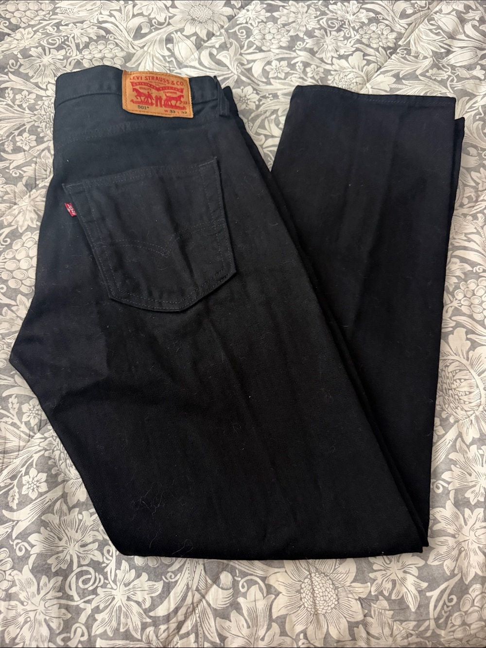 Levi's Black 501 Straight Jeans with Tan Leather Patch